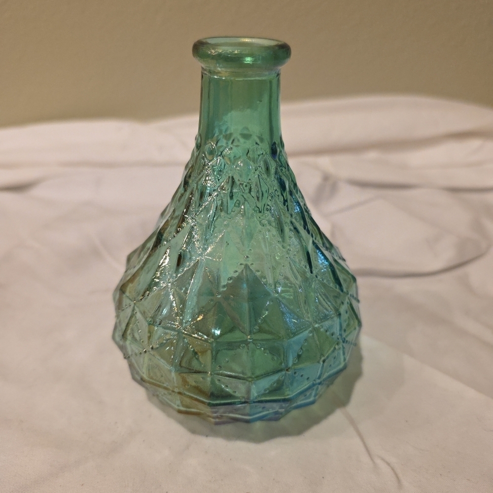 Iridescent Glass Green Bud Vase, Quilted Diamond Pattern, 5" Tall